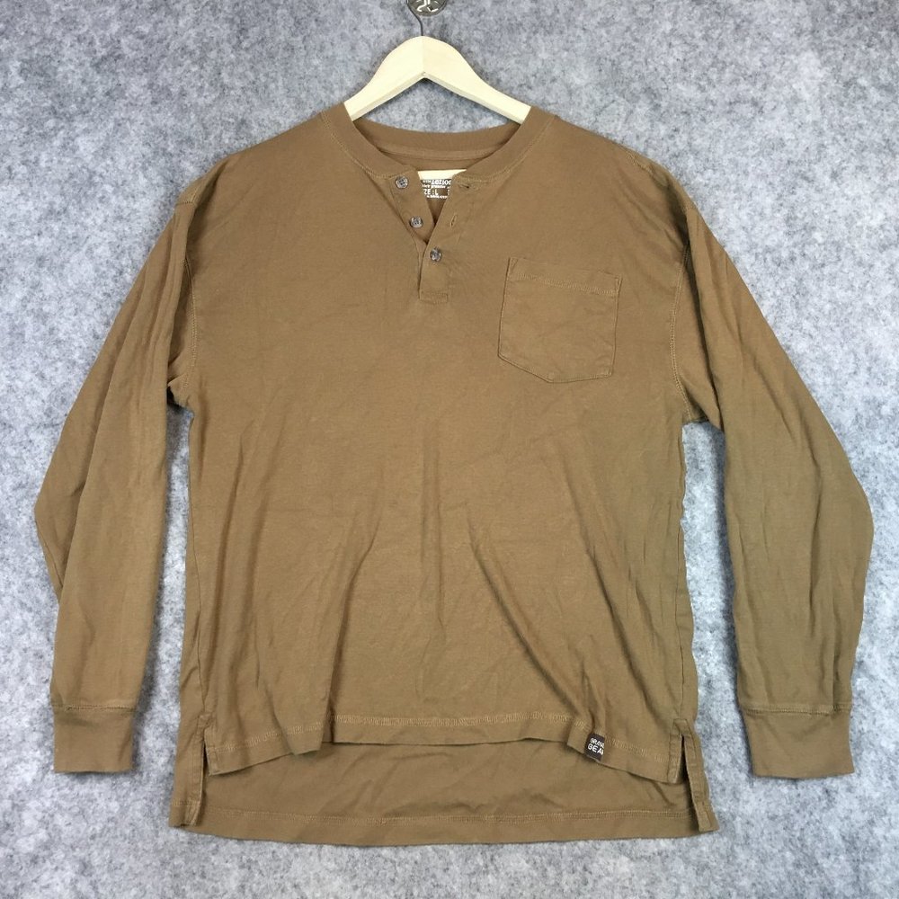 Gravel Gear Shirt L Henley Teflon Long Sleeve Henley Work Knit Solid Brown Crew